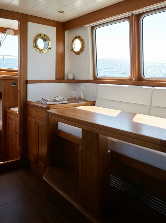 Clean boat cabin interior with teak and white finishes